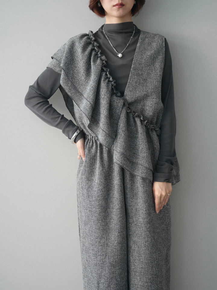 [SET]3WAYミックスツイードギャザーオールインワン+シアープチネックストレッチトップス(2set)