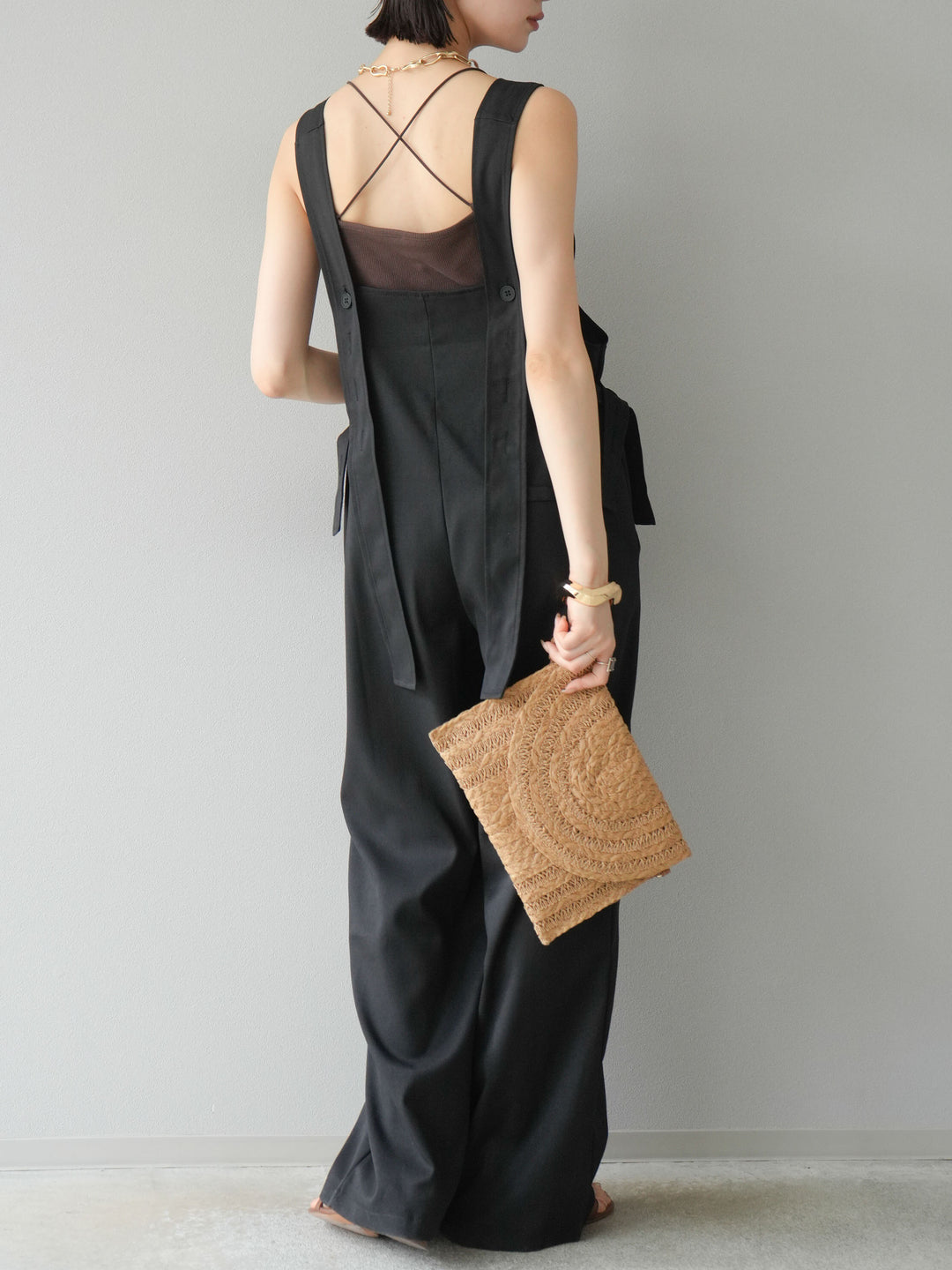 【預購】皮帶設計工裝褲/黑色