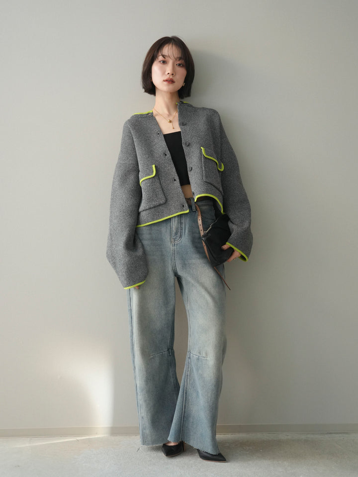 [SET]ポリエステル配色ニットカーディガン+裏起毛カットオフカーブデニムパンツ(2set)