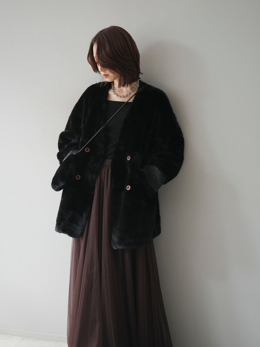 [SET]バッグ付エコファーノーカラーコート+チュールボリュームスカート(2set)