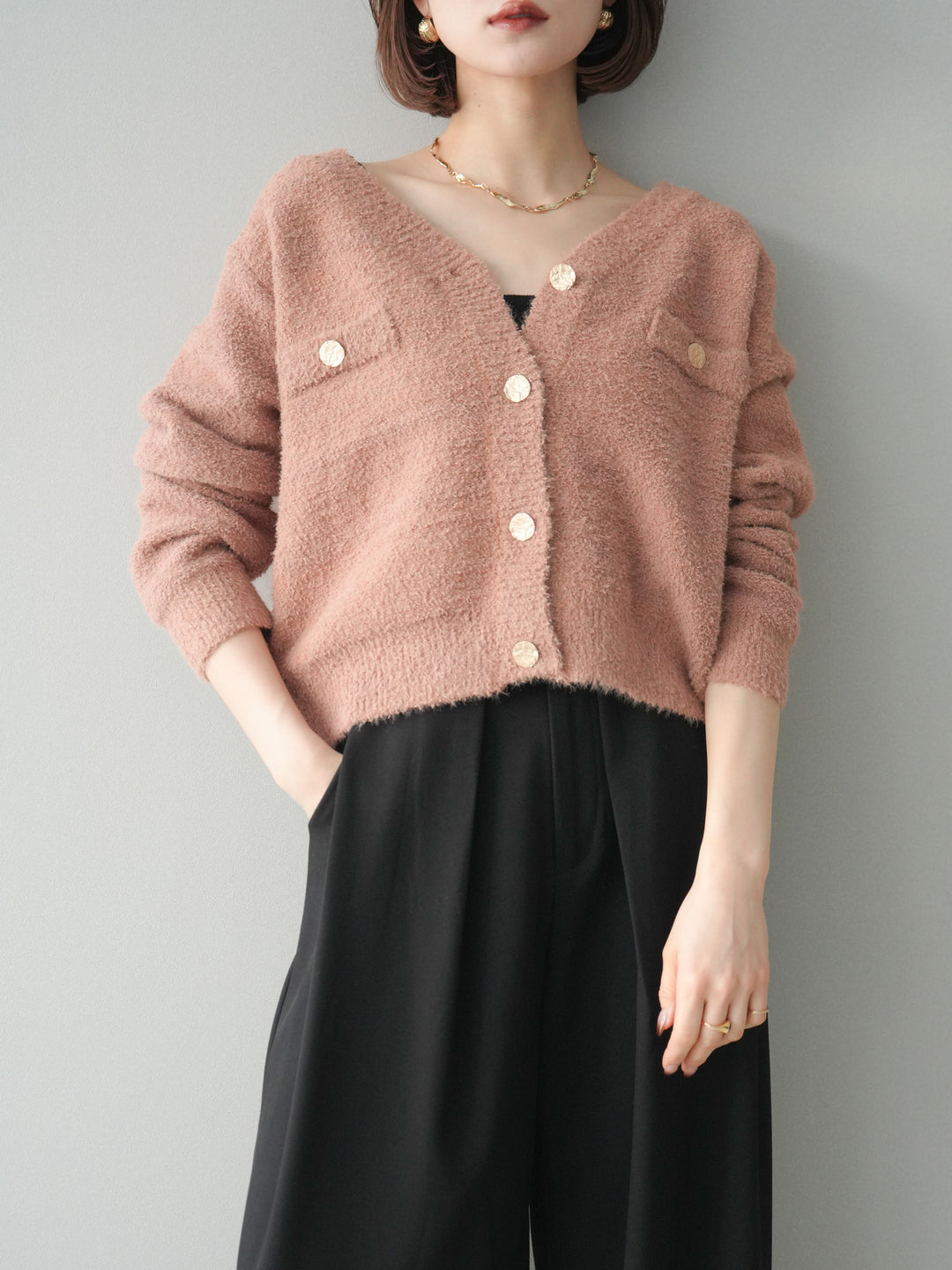 [SET]ゴールドボタンモールニットカーディガン+ベルトループデザインワイドパンツ(2set)