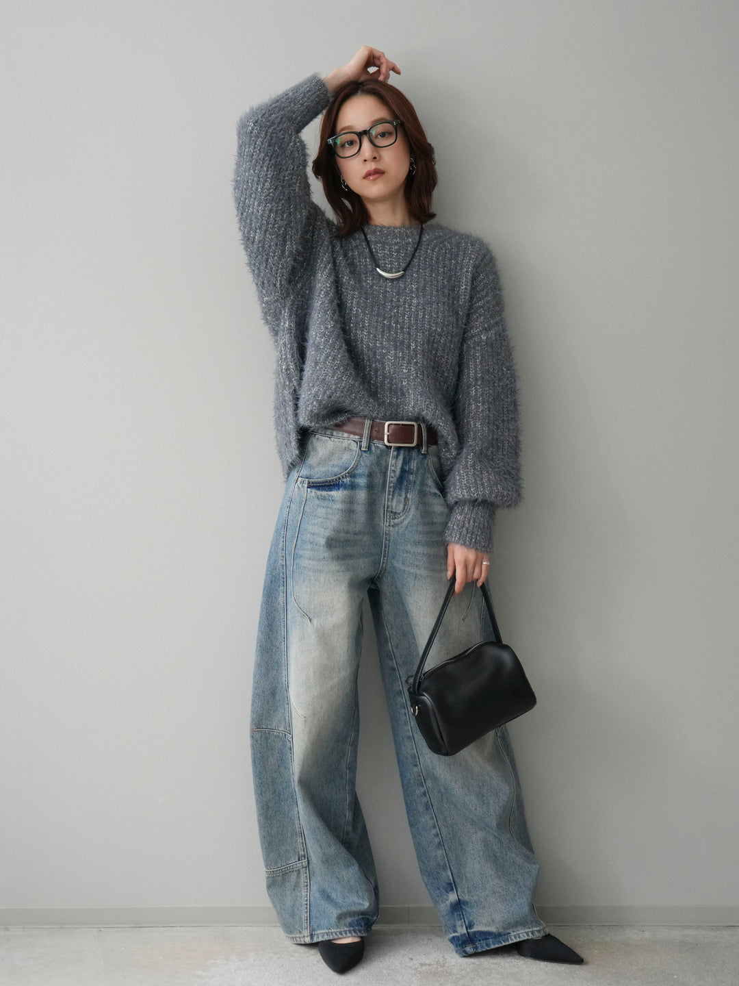 [SET]ボリュームスリーブシャギー MIXニットプルオーバー+ベルト付カーブデニムパンツ(2set)