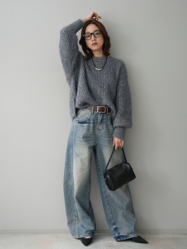 [SET]ボリュームスリーブシャギー MIXニットプルオーバー+ベルト付カーブデニムパンツ(2set)