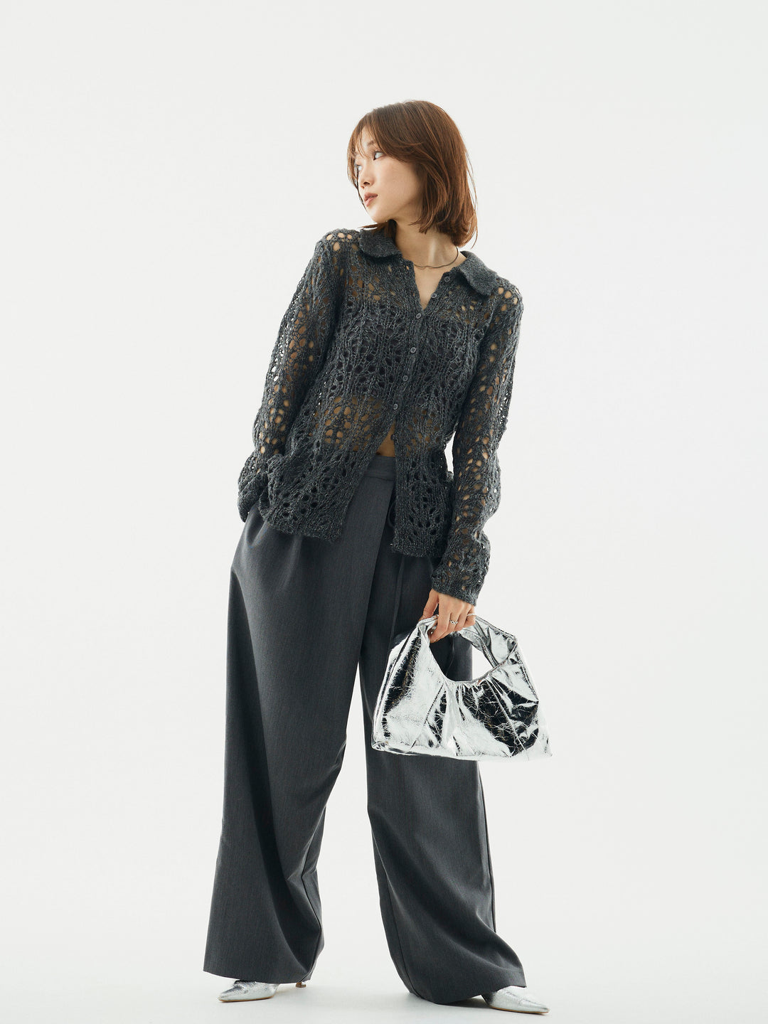 【Allure】[SET]ローゲージ透かし編みポロニッカーディガン+ラップデザインタックワイドパンツ(2set)