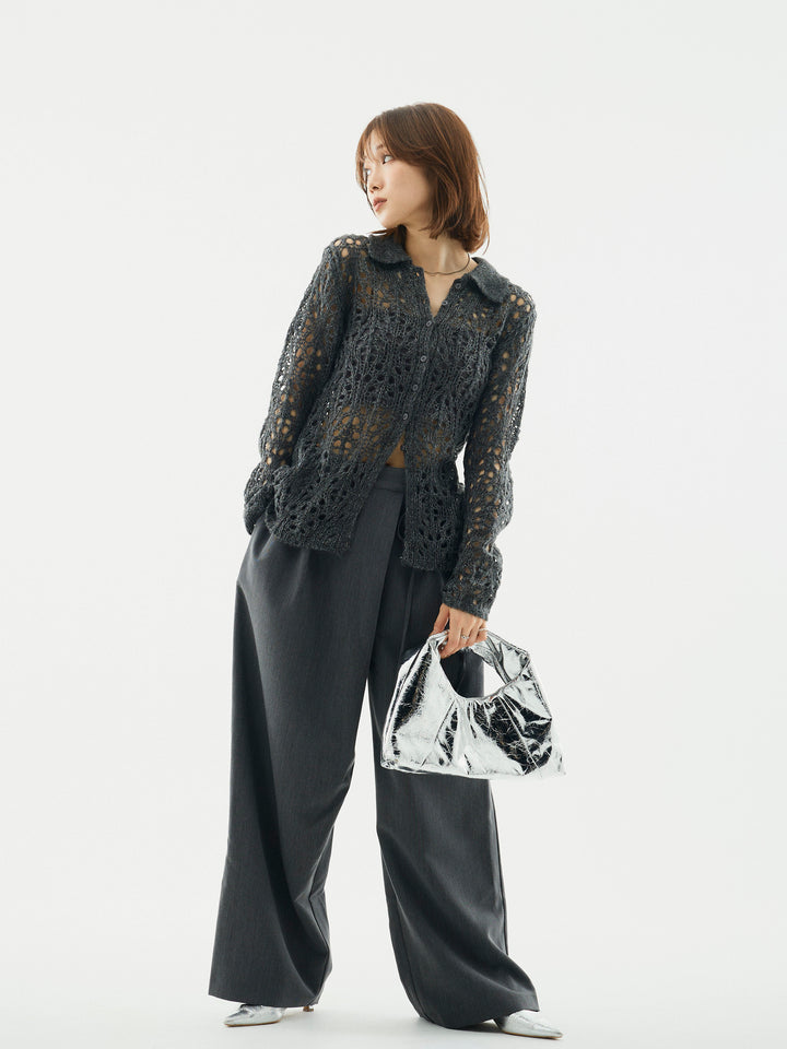 【Allure】[SET]ローゲージ透かし編みポロニッカーディガン+ラップデザインタックワイドパンツ(2set)
