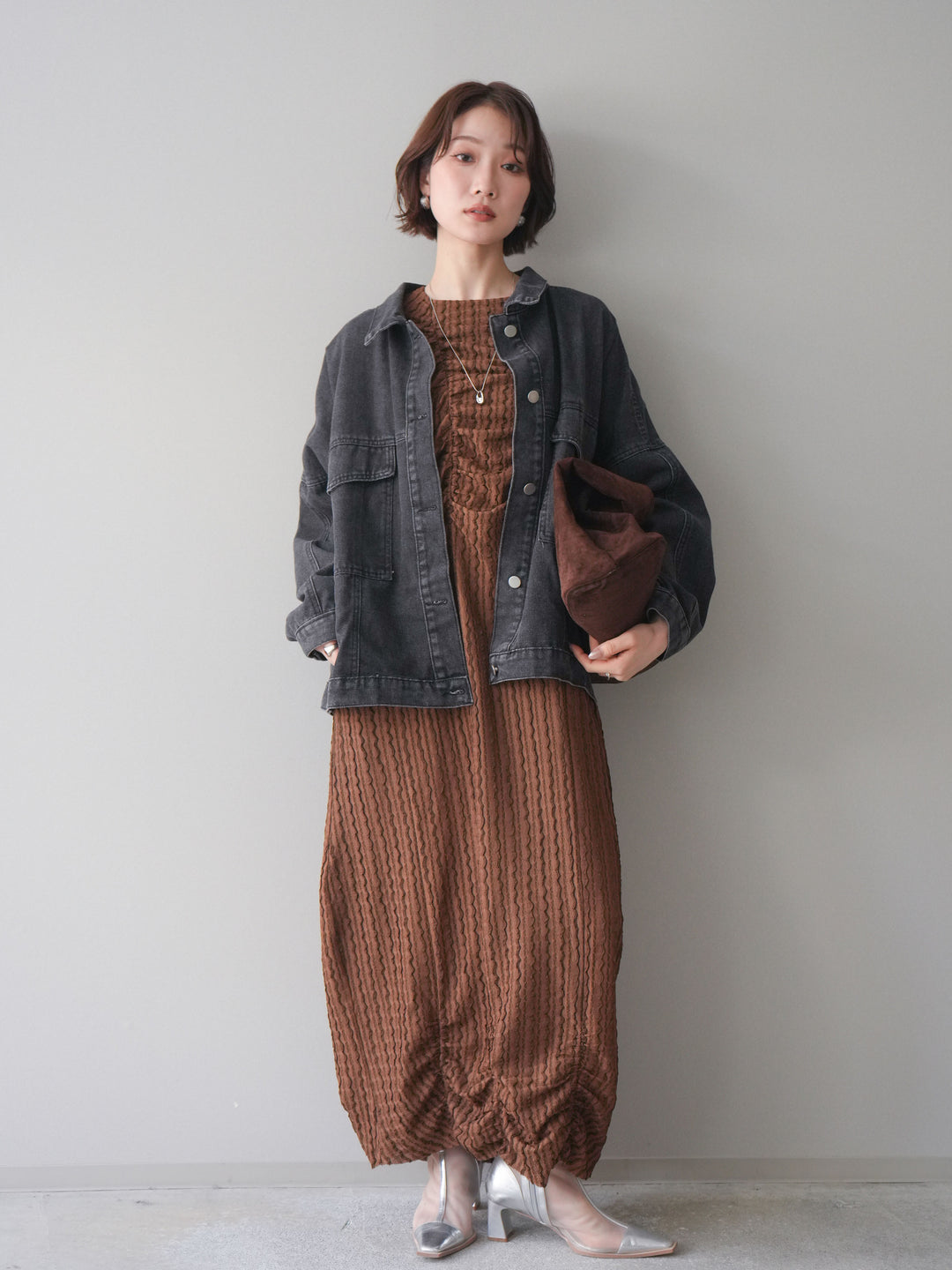 [予約]シャーリングジャガードノースリーブワンピース/brown