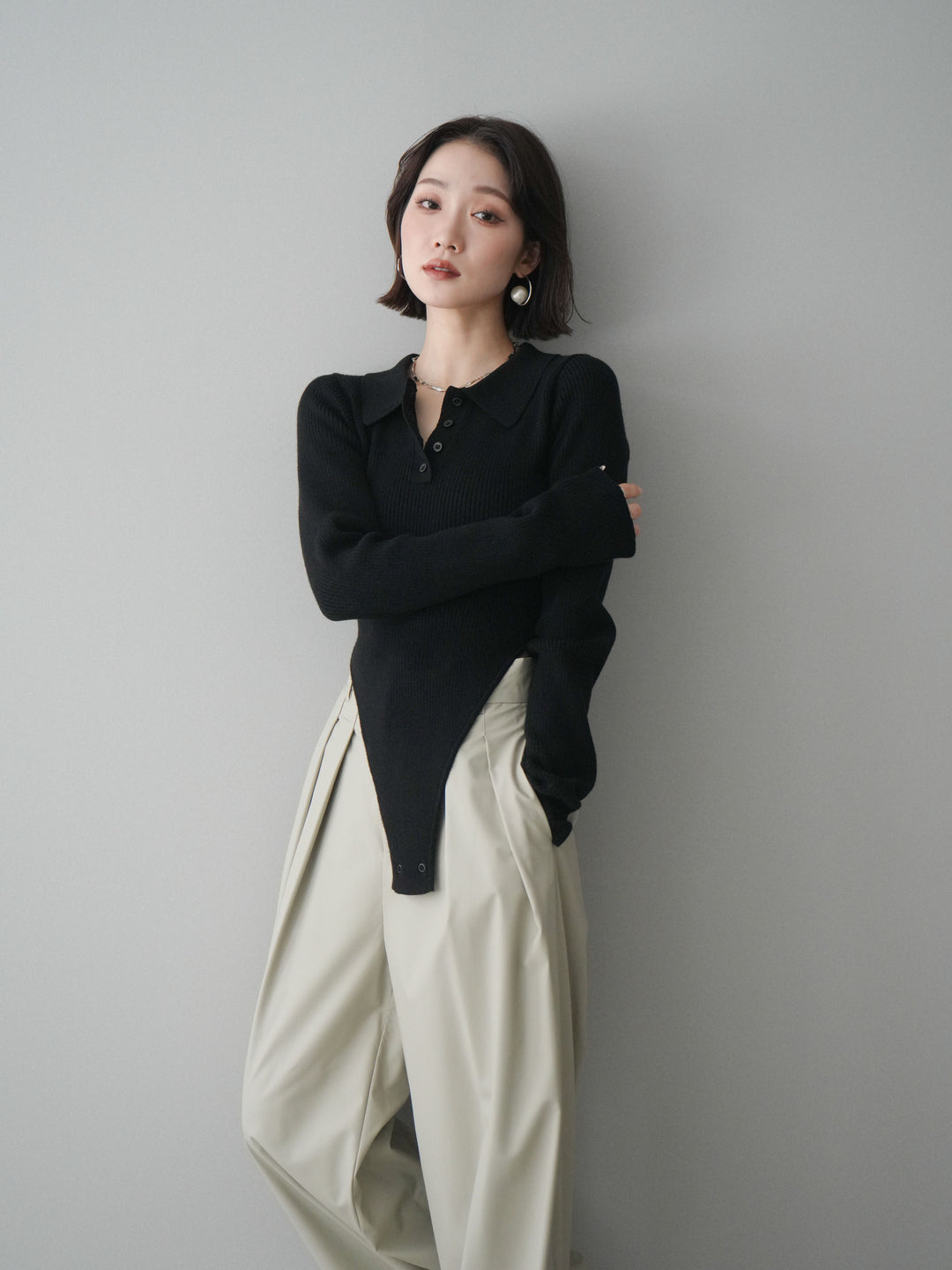 [予約]リブポロニットボディスーツ/black