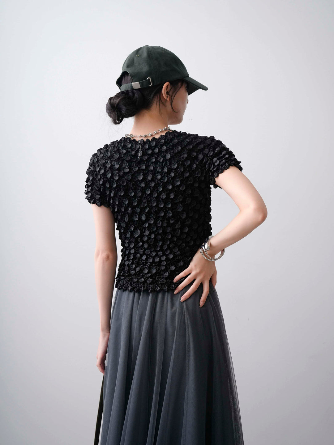 [SET]ドットスモッキングフレンチトップス+チュールボリュームスカート(2set)