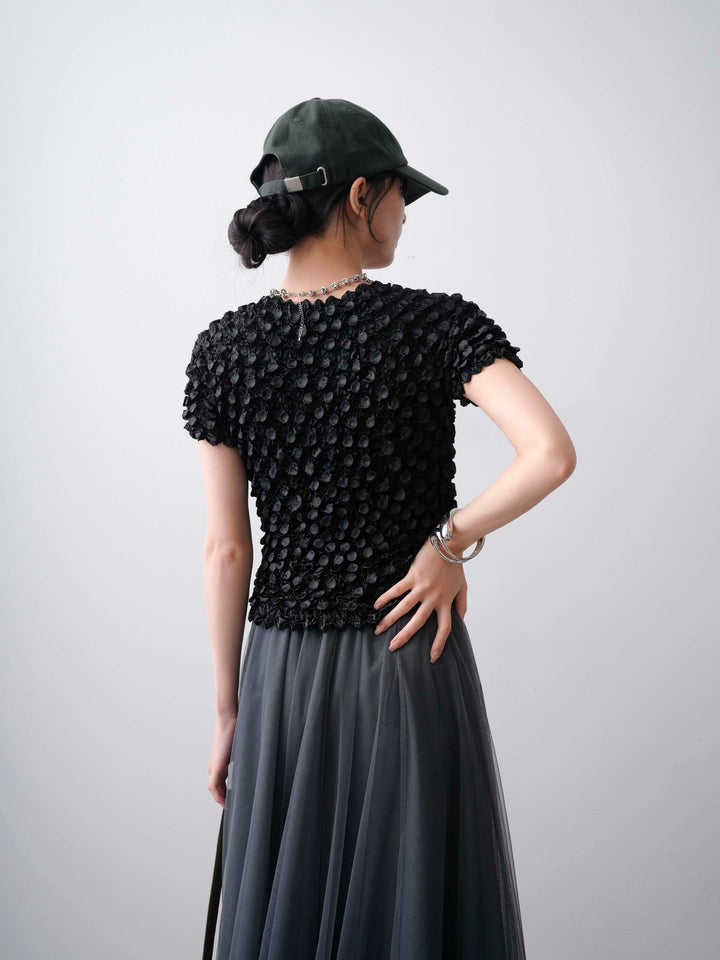 [SET]ドットスモッキングフレンチトップス+チュールボリュームスカート(2set)
