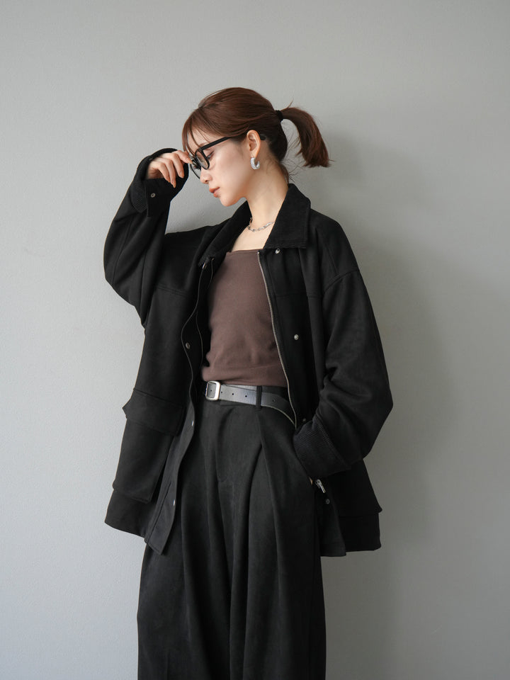 [予約]コーデュロイ襟スウェードミドルジャケット /ブラック