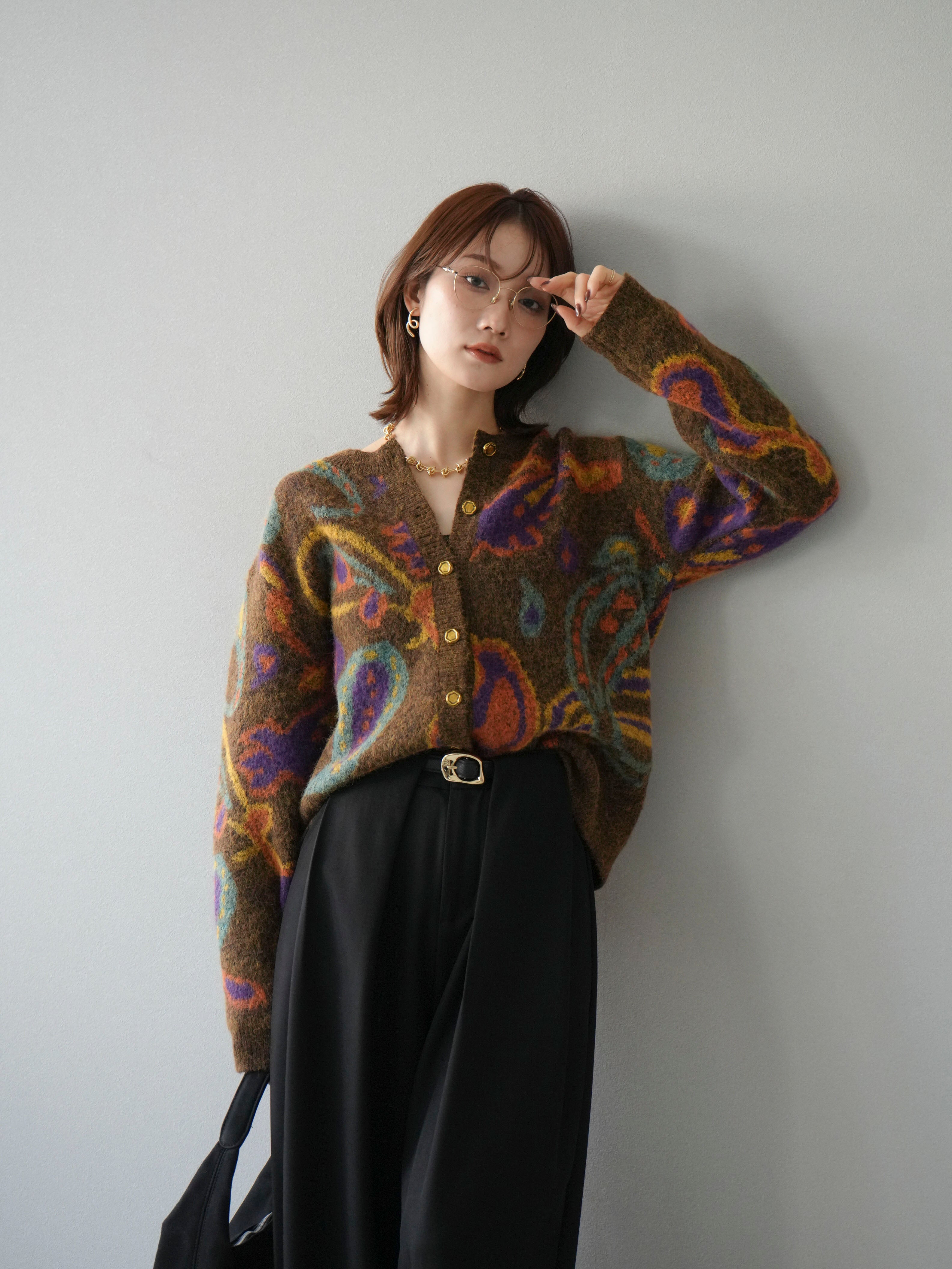 SET]ミックスヤーンペイズリー柄ニットカーディガン+ベルトループ