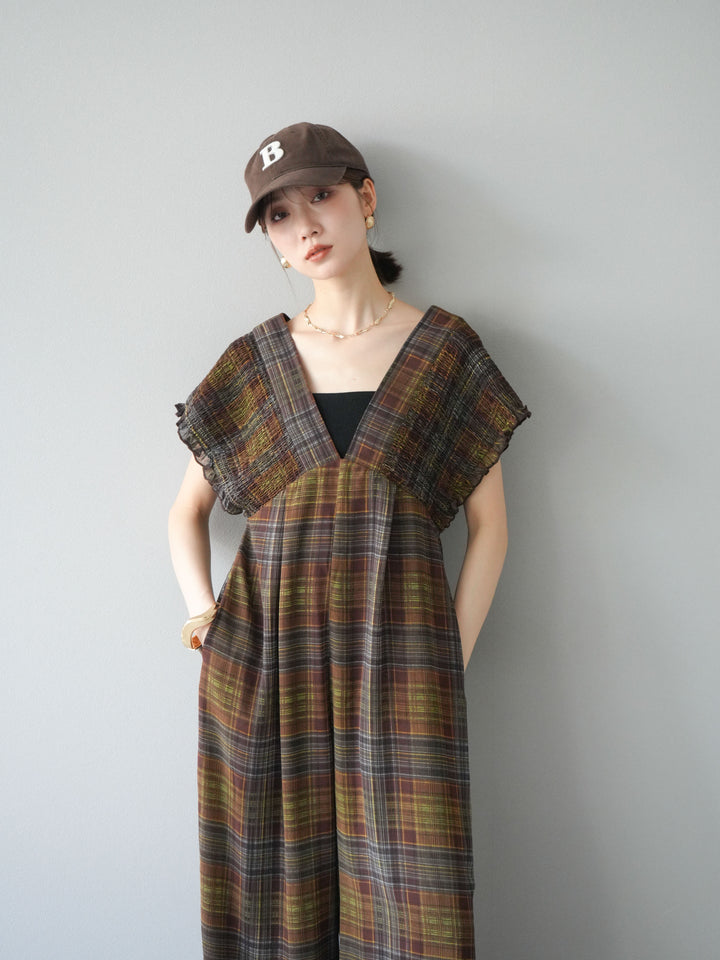 [套裝] 透視格紋褶皺背帶褲 + 配件套裝（2 套）