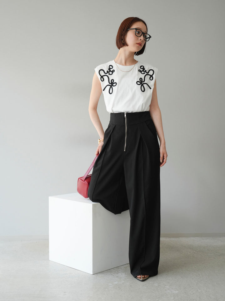 [SET]コード刺繍フレンチスリーブTシャツ+ジップタックワイドパンツ(2set)