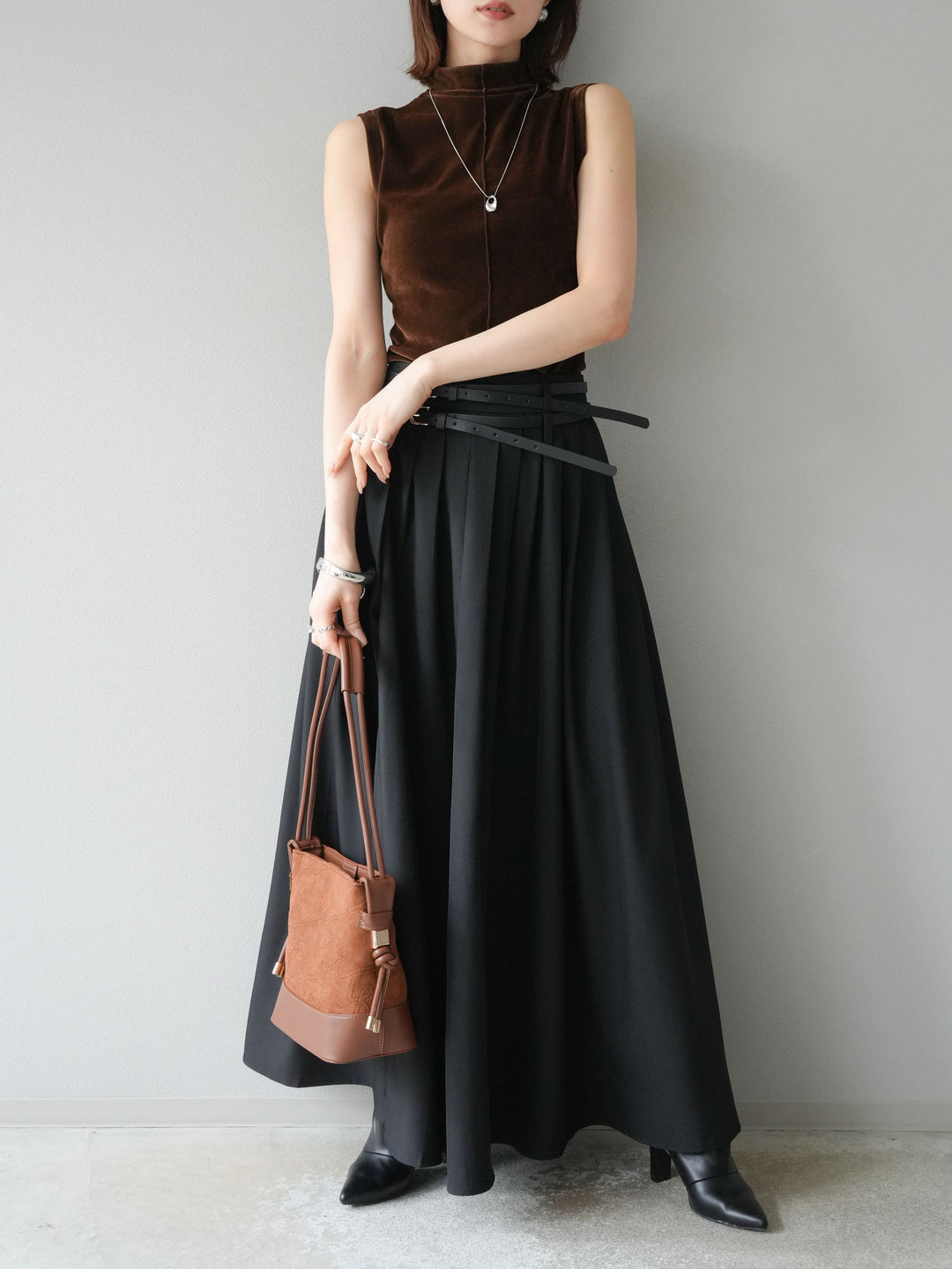 [予約]シアーベロアプチネックノースリーブトップス/ブラウン