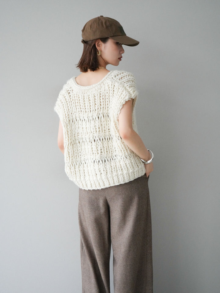 [SET] 手編繩結背心+粗花呢觸感褶皺寬褲（2件組）