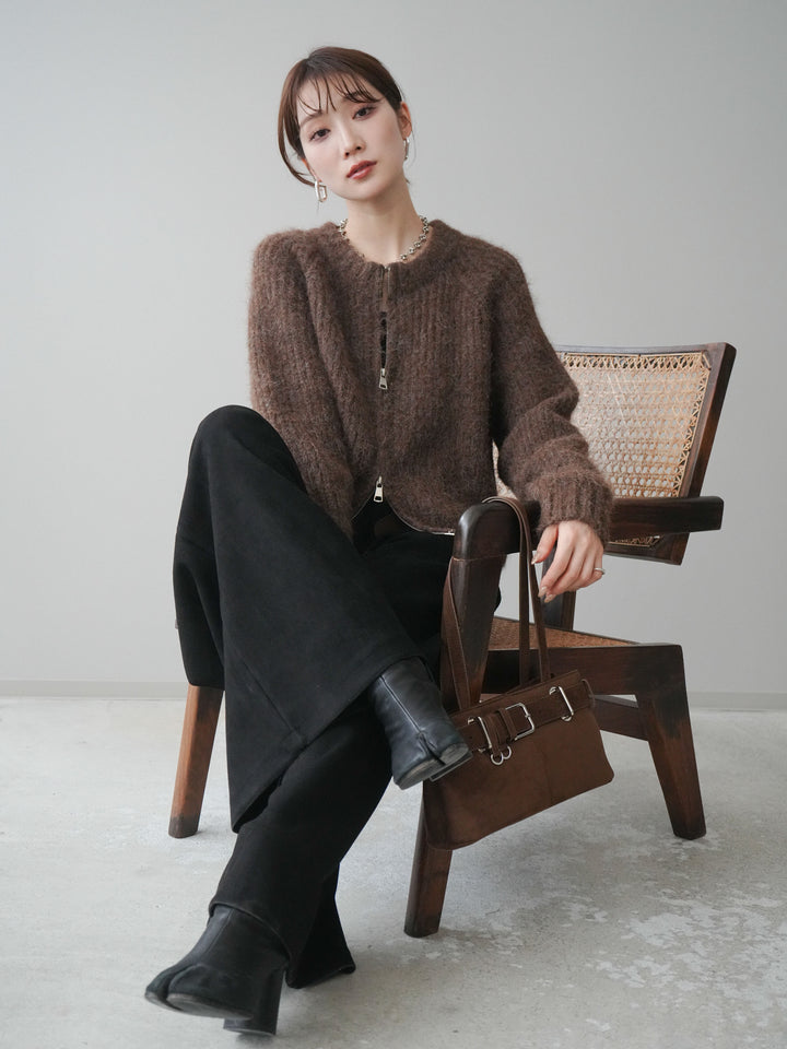 [予約]MIXヤーンモヘアタッチZIPニットカーディガン/brown
