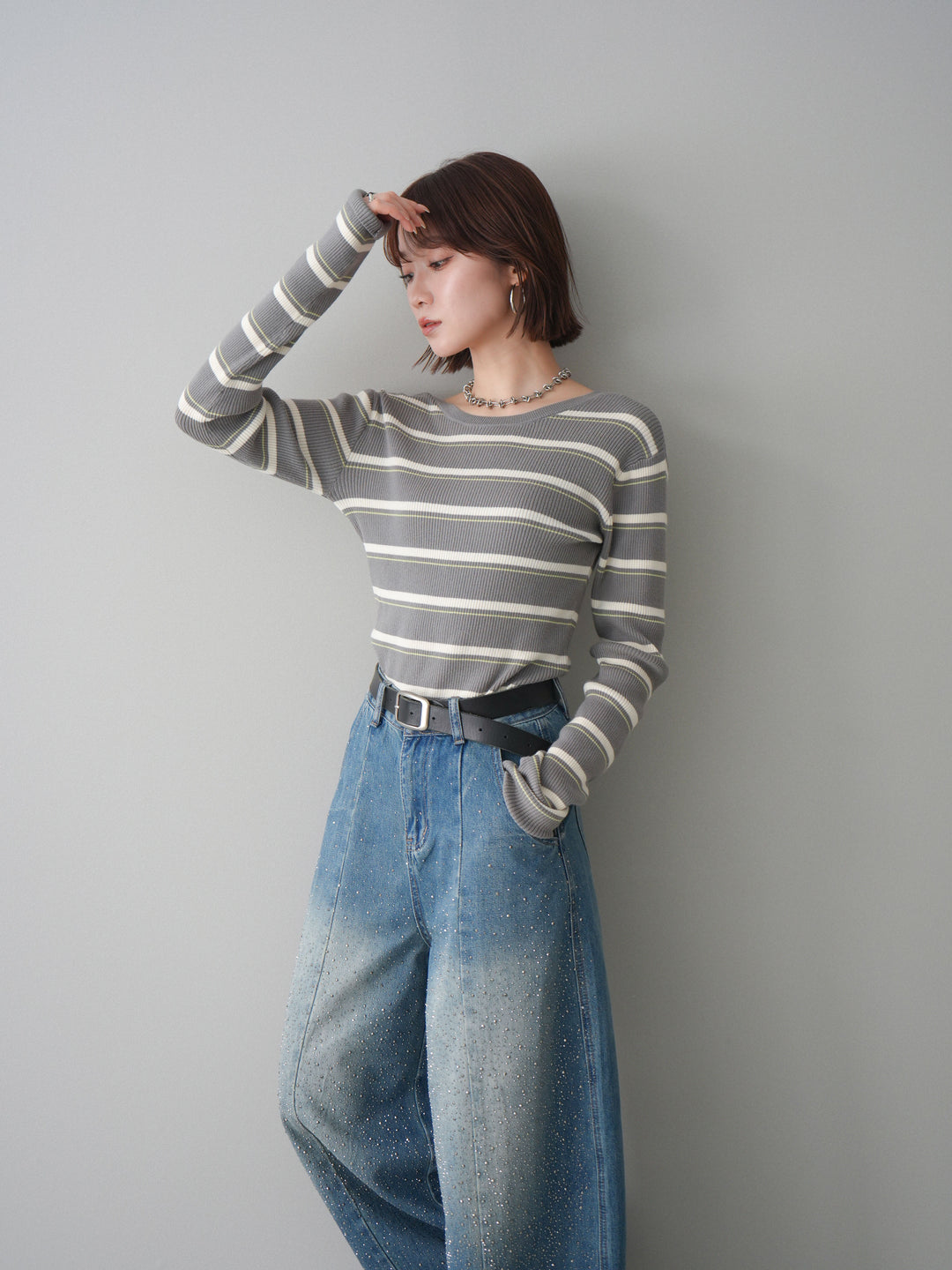 [予約]バックオープンテレコリブマルチボーダートップス/gray