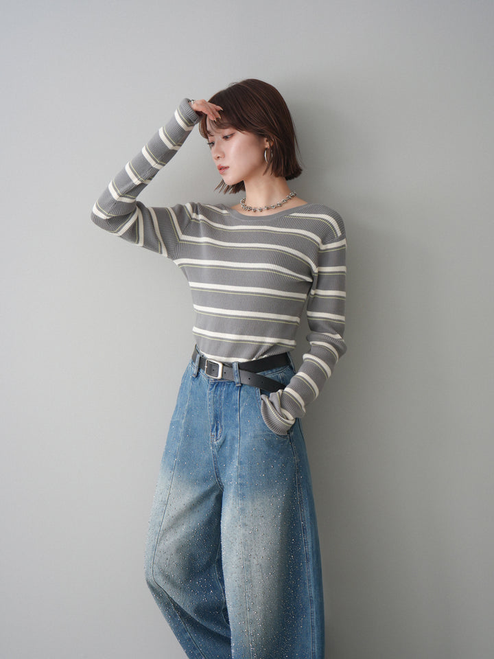 [予約]バックオープンテレコリブマルチボーダートップス/gray