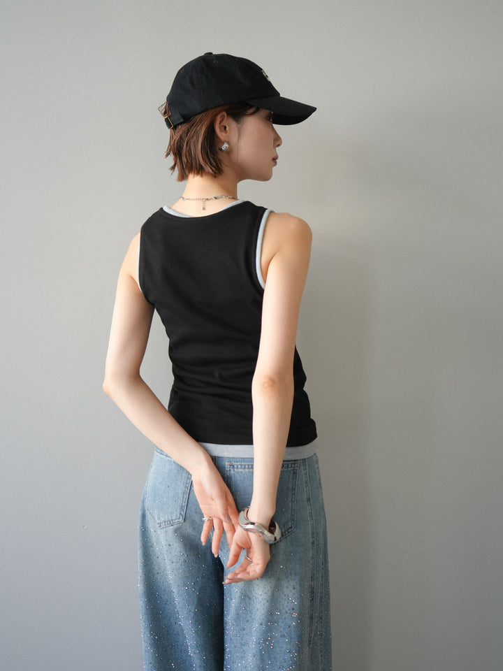 [SET]配色リブヘンリータンクトップ+ウエストベルトビジューワイドデニムパンツ(2set)