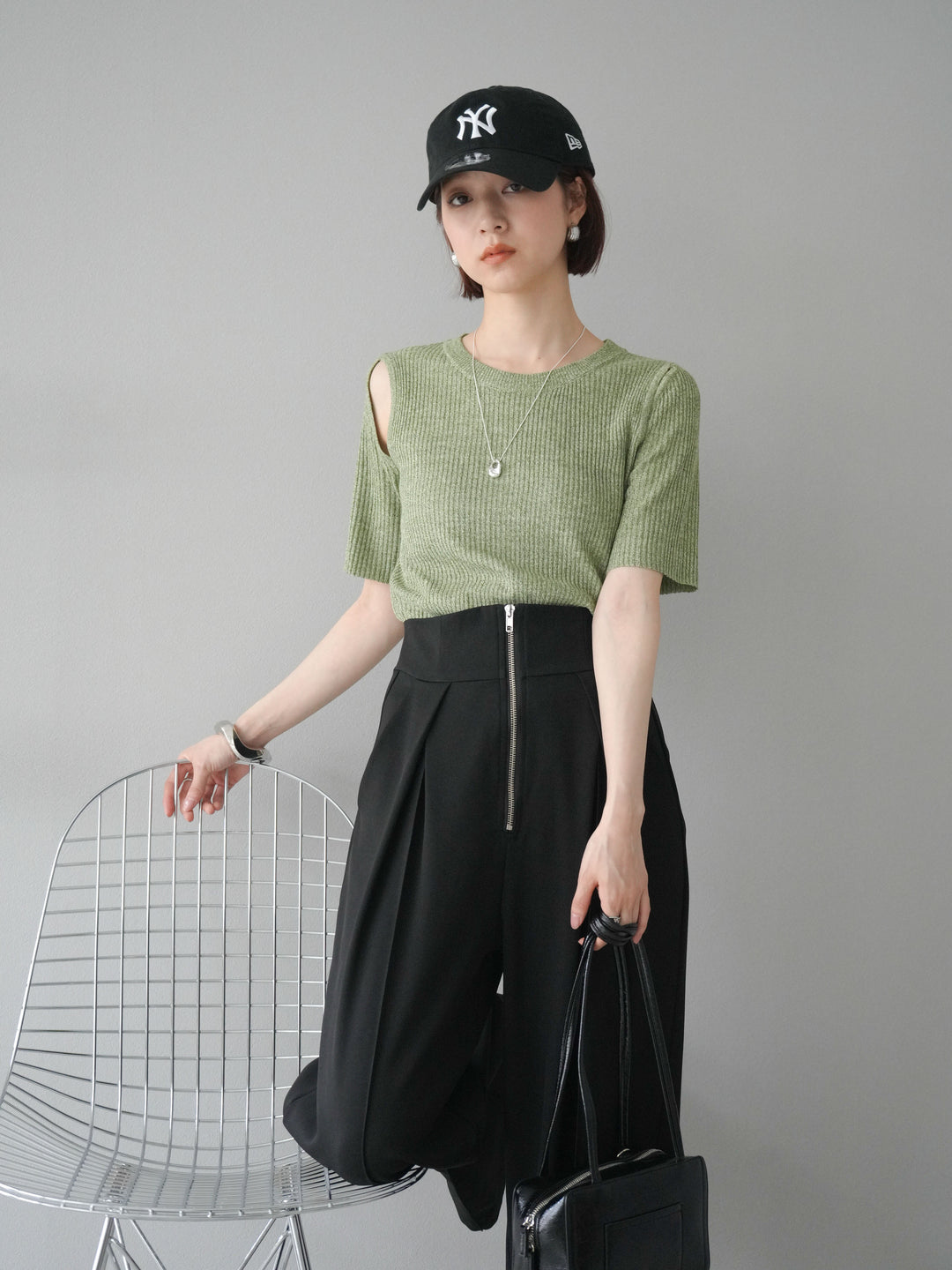 [予約]MIXニットショルダースリットプルオーバー/グリーン