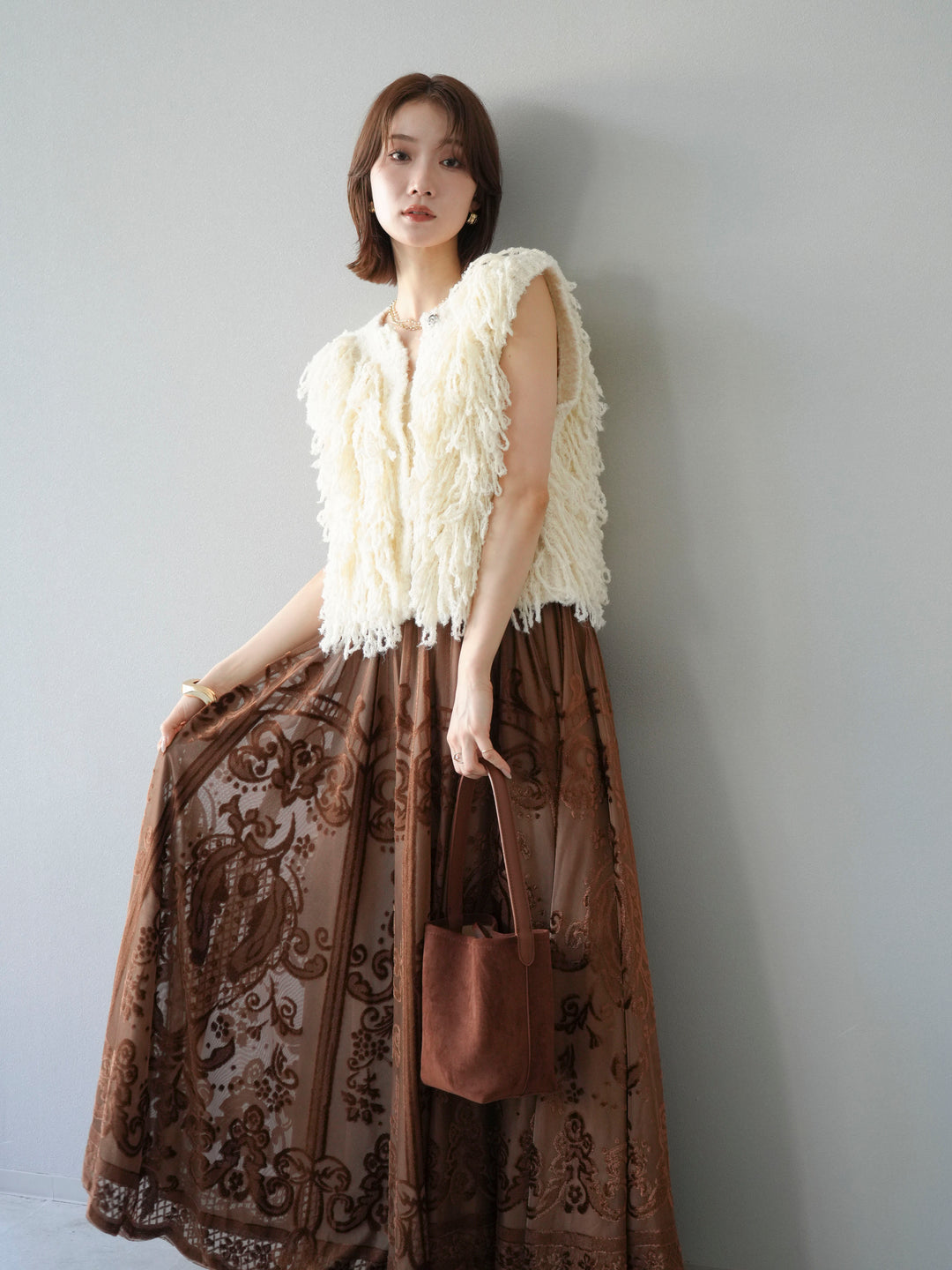 [SET]フリンジループニットベスト+アンティーク柄フロッキーマキシスカート(2set)