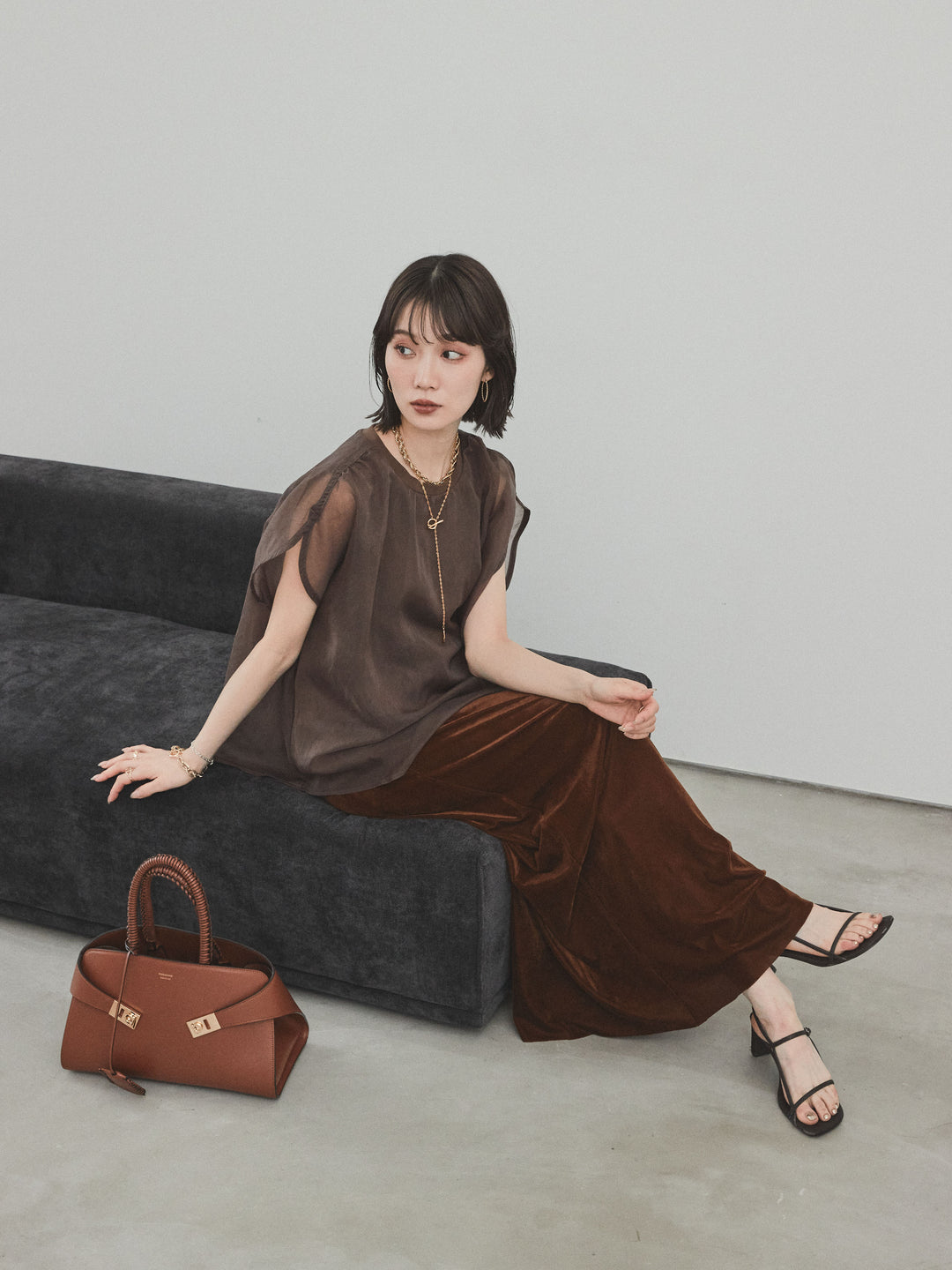 [予約]コンパクトスムースシアーレイヤードトップス/ブラウン