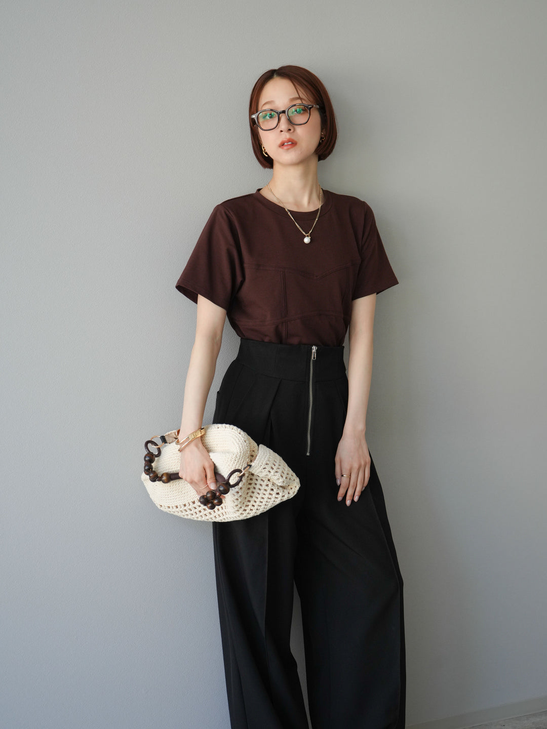 [SET]ビスチェデザインTシャツ+ジップタックワイドパンツ(2set)