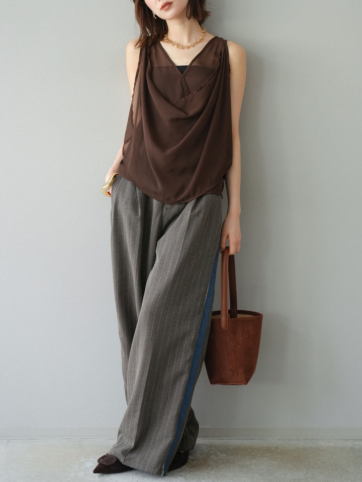 [予約]サイドラインストライプワイドパンツ/ブラウン