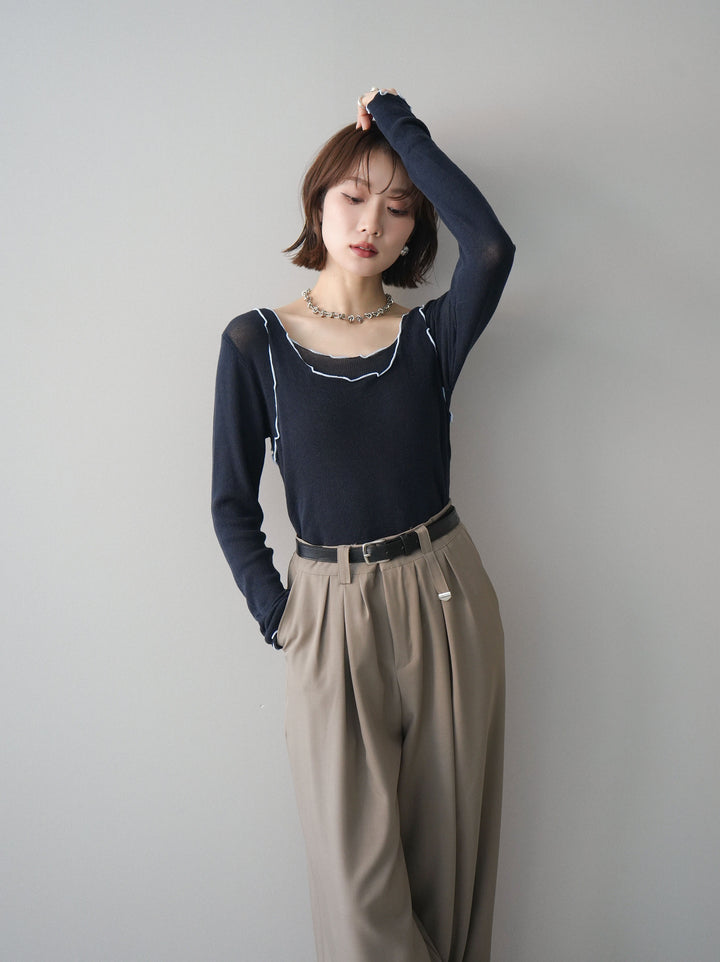 [SET]バイカラーメローアンサンブルシアーニットトップス+ベルト付キーホルダーモチーフワイドパンツ(2set)