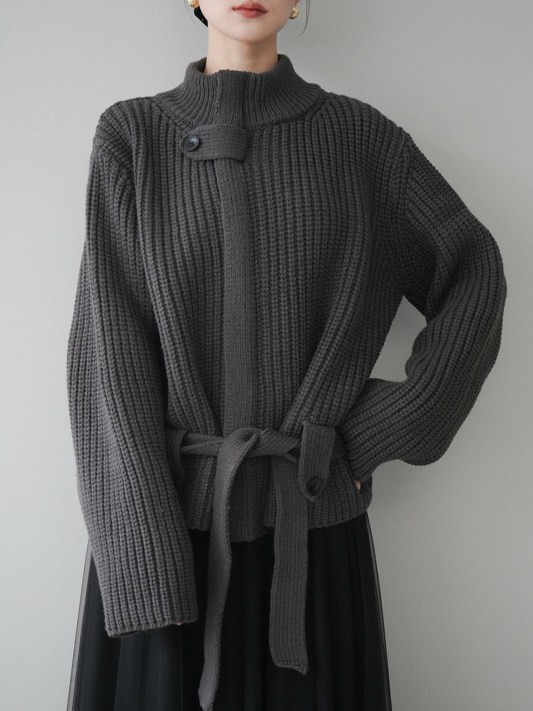 [SET]畦編みボトルネックZIPニットカーディガン+選べるアクセセット(2set)