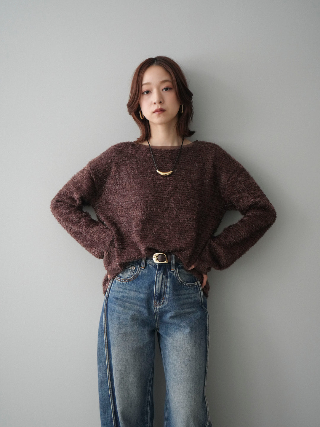 [予約]ラメシャギートップス/brown