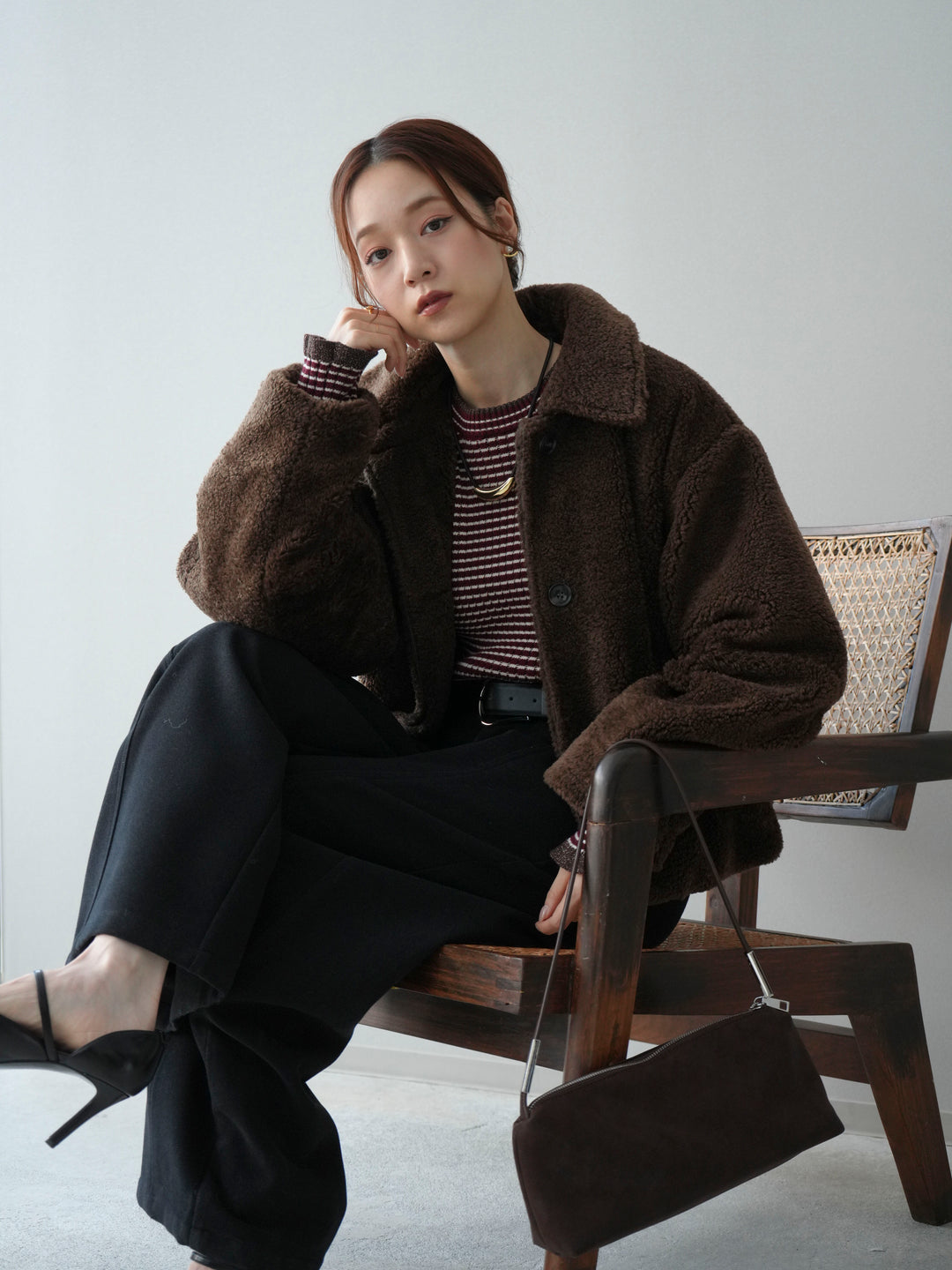 [SET]エコファーステンカラージャケット+ラメ異素材ボーダーリブニットプルオーバー(2set)