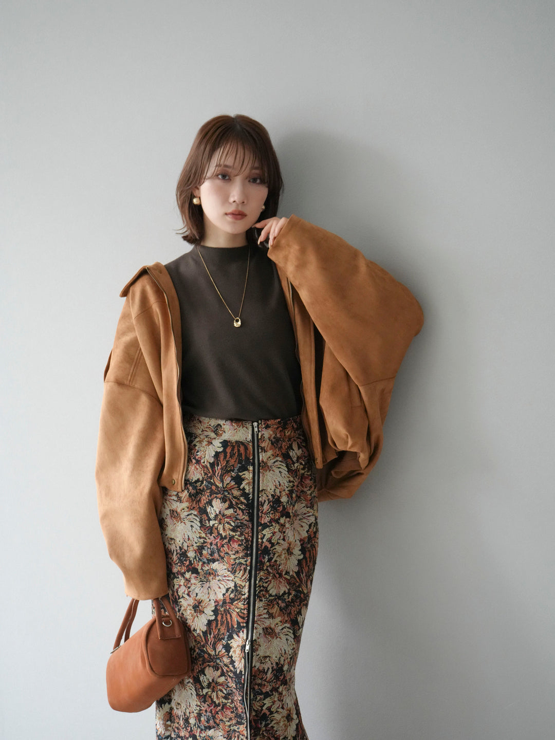 [SET]スウェードオーバーブルゾン+ゴブランフロントジップタイトスカート(2set)