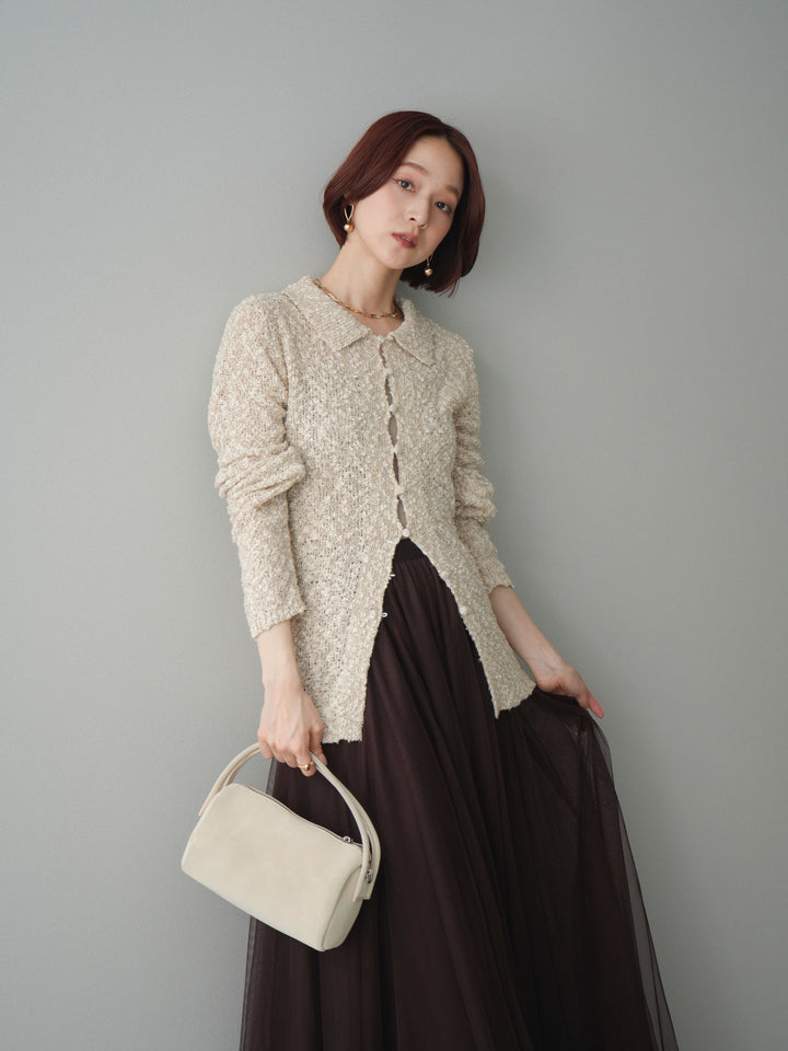 [予約]透かし編みブークレポロニットトップス/beige