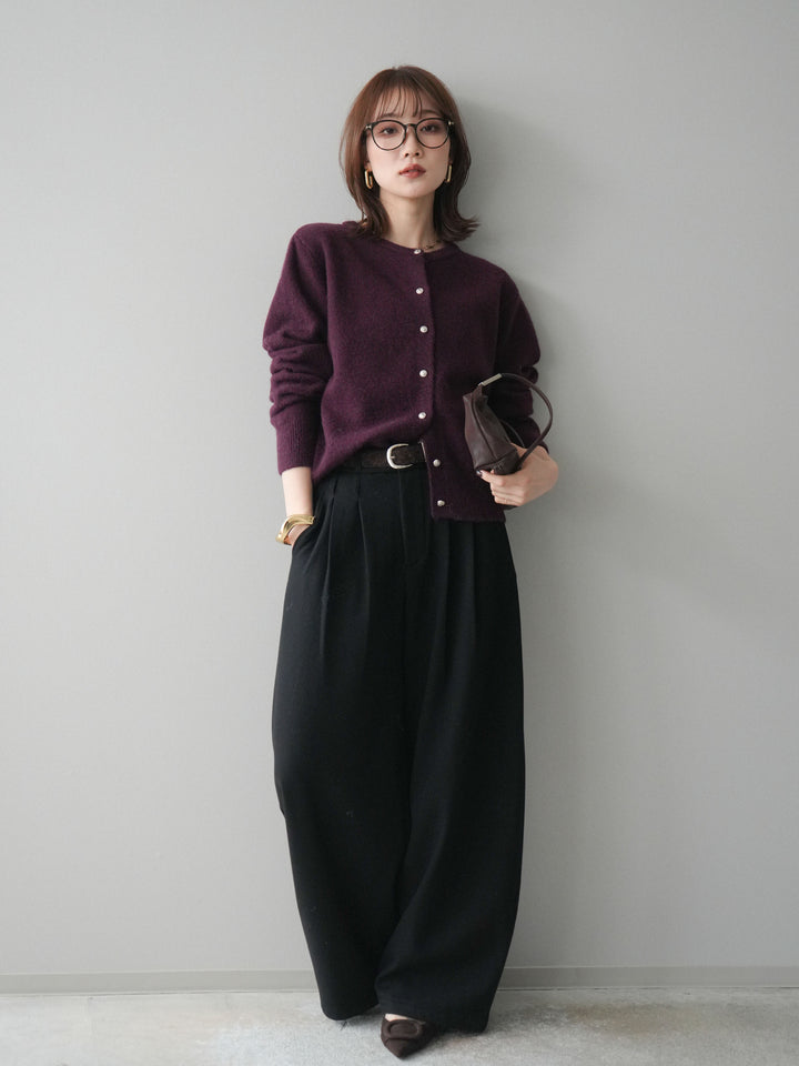 [予約]アニマル柄ベルト付きウールタッチワイドパンツ/black