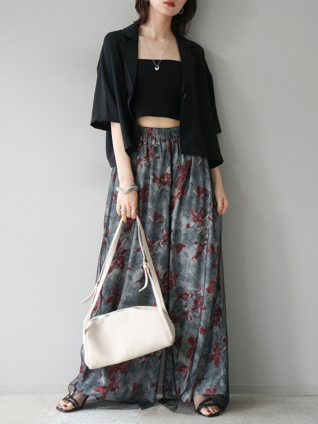 [SET]ハーフショートジャケット+フラワープリントチュールレイヤードパンツ(2set)