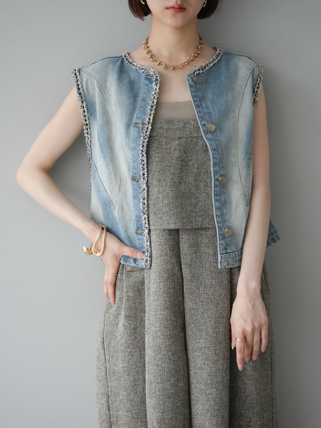 [予約]サマーツイードケープサロペット/ブラウン