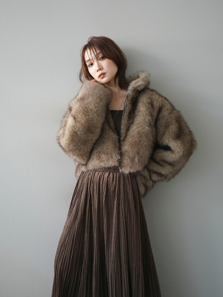 [予約]フェイクファーショートZIPジャケット/brownmix