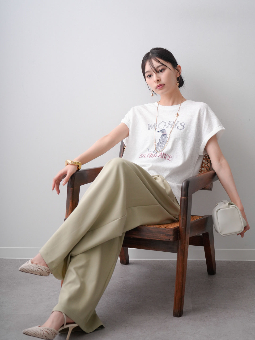 [SET]ドッグエンブロイダリーTEE+アシンメトリーベルトタックワイドパンツ(2set)