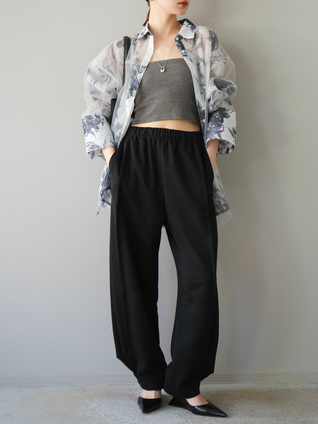 [予約]チュールドッキングフラワー柄オーバーサイズシャツ/グレー