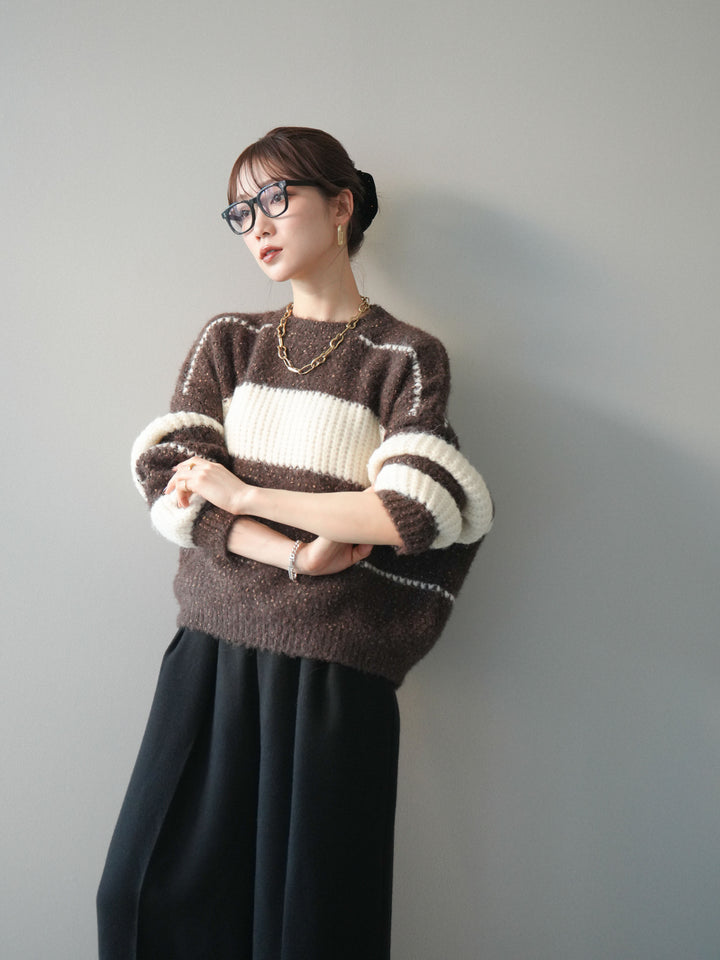 [予約]ネップヤーンボーダーニットプルオーバー/brown