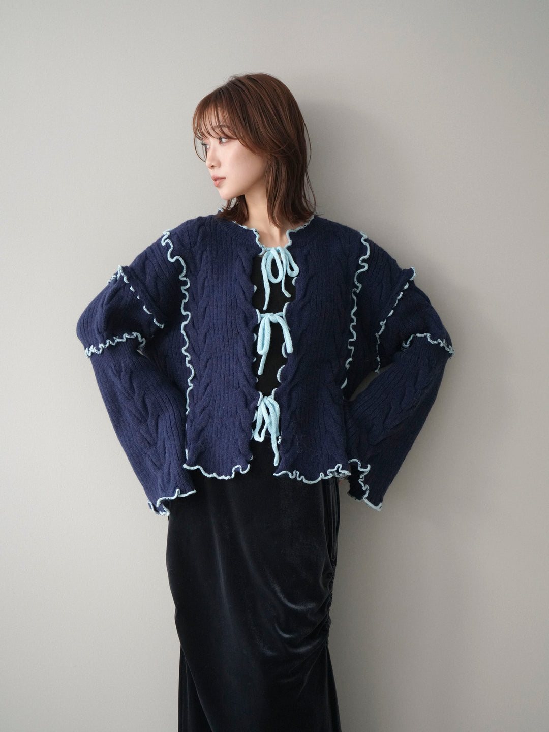 [予約]フロントリボン配色メローニットカーディガン/navy