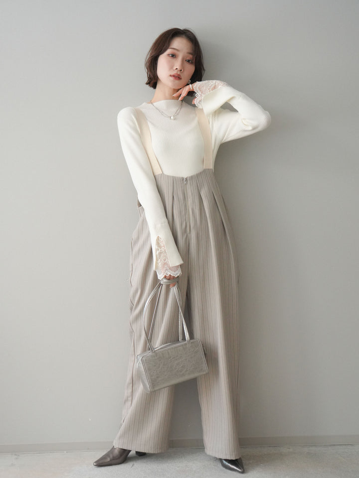 [予約]グログランテープストライプサロペット/greige