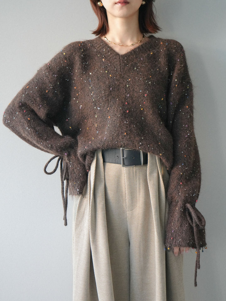 [SET]キャンディースリーブカラーネップスパンコールニットプルオーバー+ベルトデザインループコールテンワイドパンツ(ベルト付き)(2set)