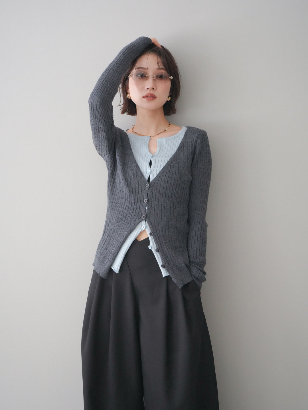 [予約]バイカラーレイヤードニットカーディガン/gray