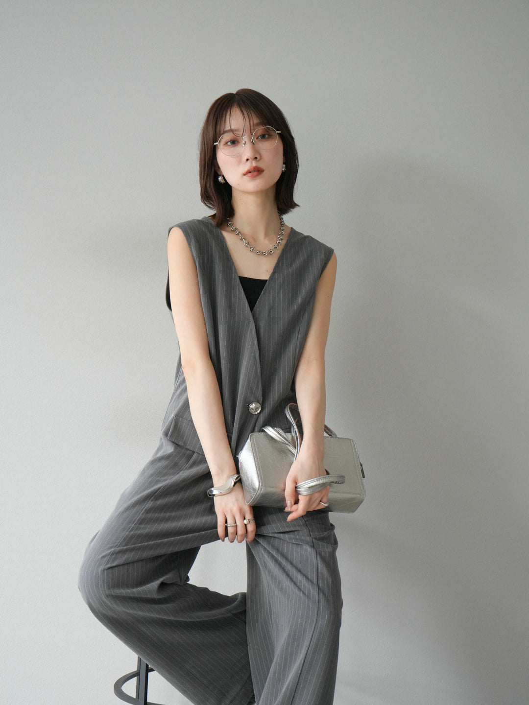 [予約]ストライプラップデザインオールインワン/グレー