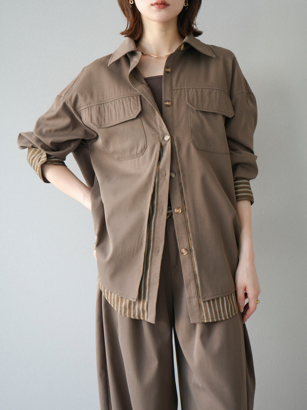 [予約]ストライプレイヤードシャツ/ブラウン