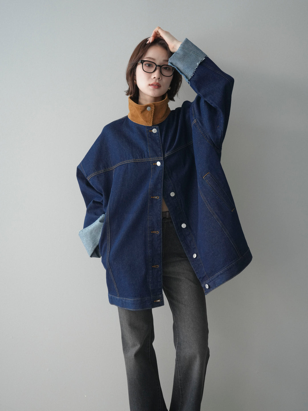 [SET]コーデュロイ×デニムミドルジャケット+フレアデニムパンツ(2set)