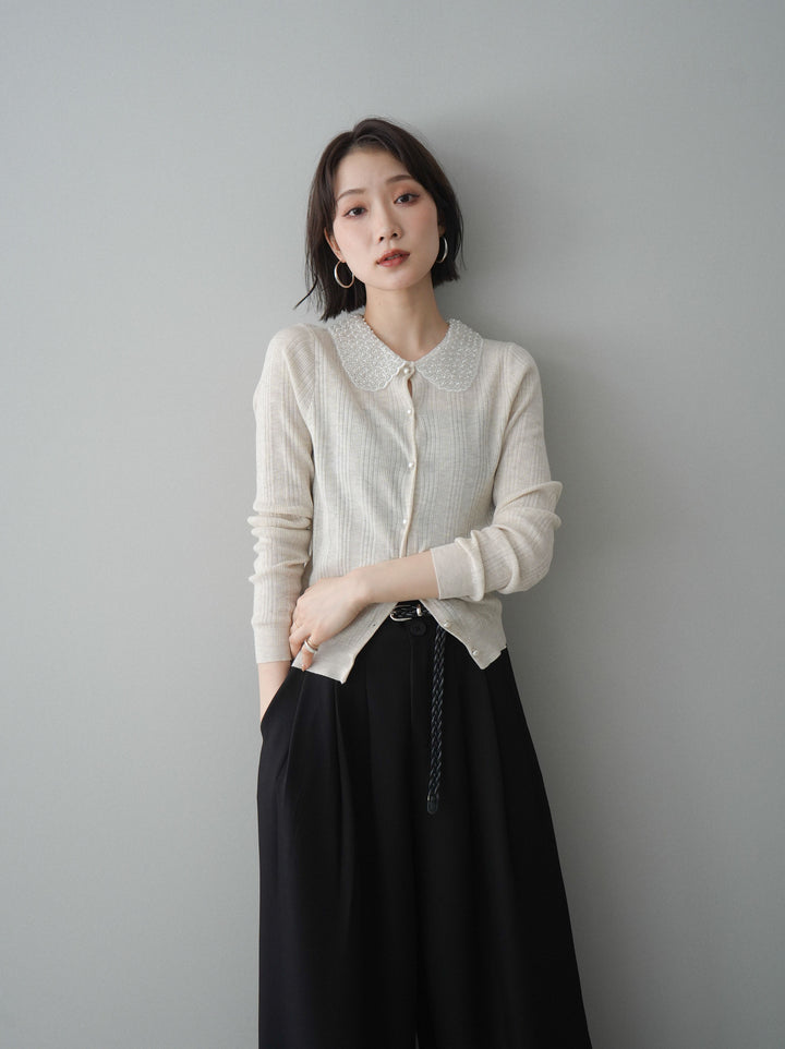 [予約]ビジュー襟パールボタンニットカーディガン/ivory