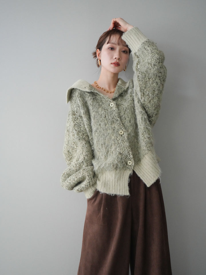 [SET]リブ切替メランジニットカーディガン+モチーフベルト付スエードタックワイドパンツ(2set)